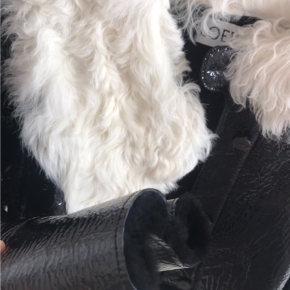 Black Patent Jacket with Cream Faux Fur Collar - Picture 3 of 3